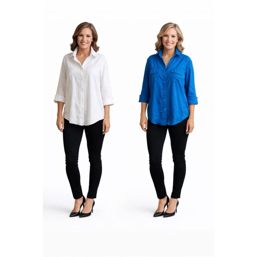 2 Button Up Down Blouse Shirt Blue White Westbound WOMEN'S WOMAN'S XLG